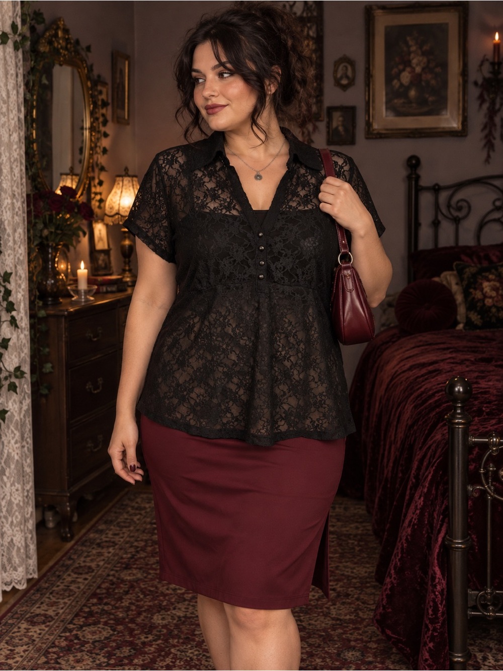 Apt. 9 Black Lace Short-Sleeve Button-Front Blouse
